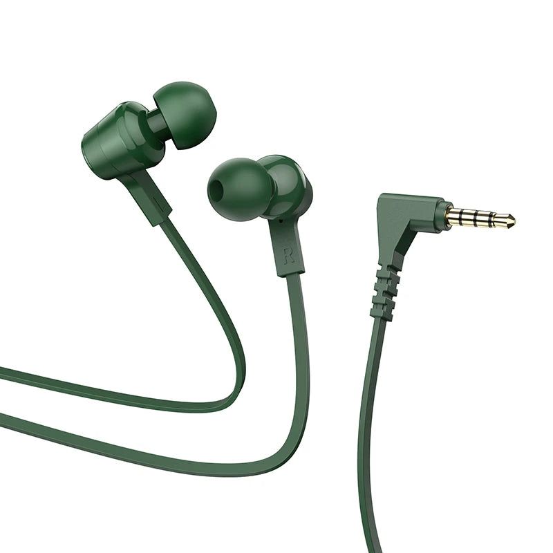 Green earphones with a 3.5mm plug on a white background
