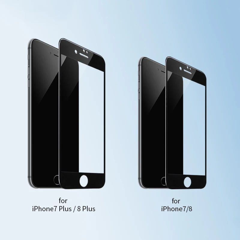 Two sets of phone screen protectors, one for iPhone 7 Plus/8 Plus and the other for iPhone 7/8, on a light blue background.