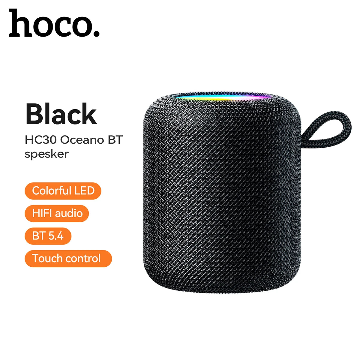 Black Hoco Bluetooth speaker with colorful LED on a white background