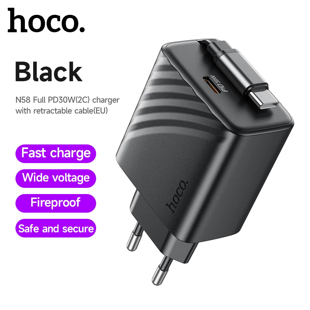 HOCO N58 30W GaN USB-C Charger with Retractable Cable