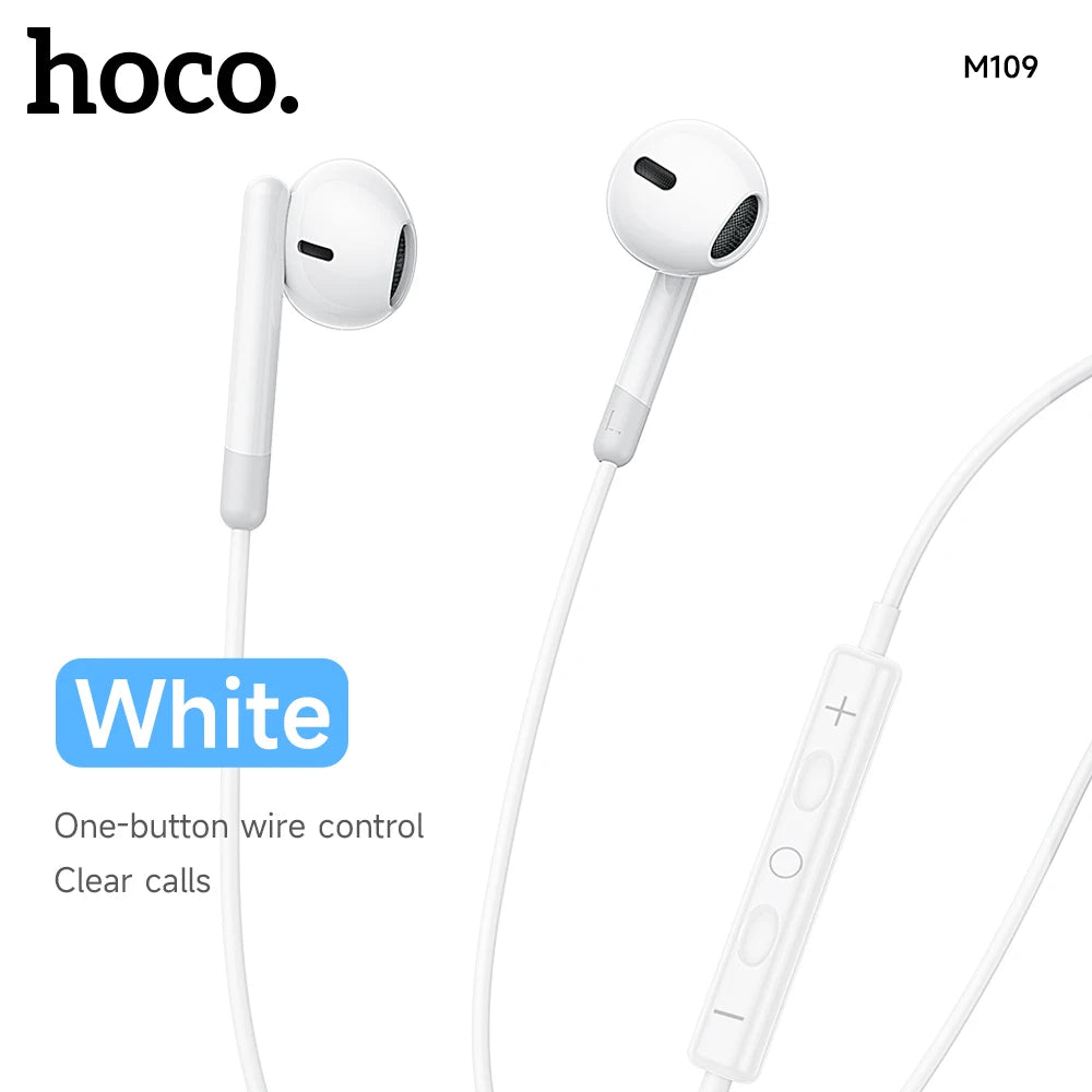 White earphones with control cable on a white background, featuring the brand 'hoco'.