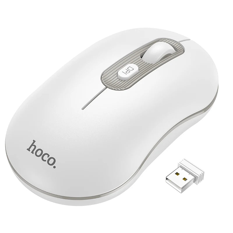 White computer mouse with USB receiver on a white background, featuring the brand 'hoco'.