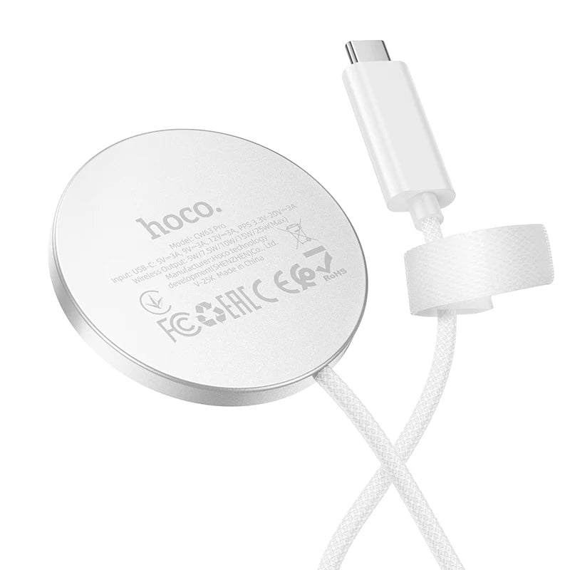 White charging cable with connector on a white background