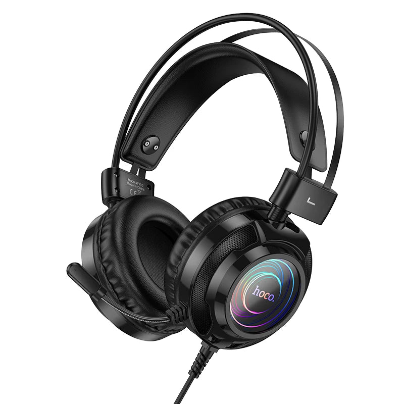 Black gaming headset with colorful logo on a white background