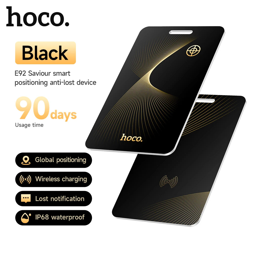 Black hoco E92 Saviour smart positioning anti-lost device with gold accents on a white background