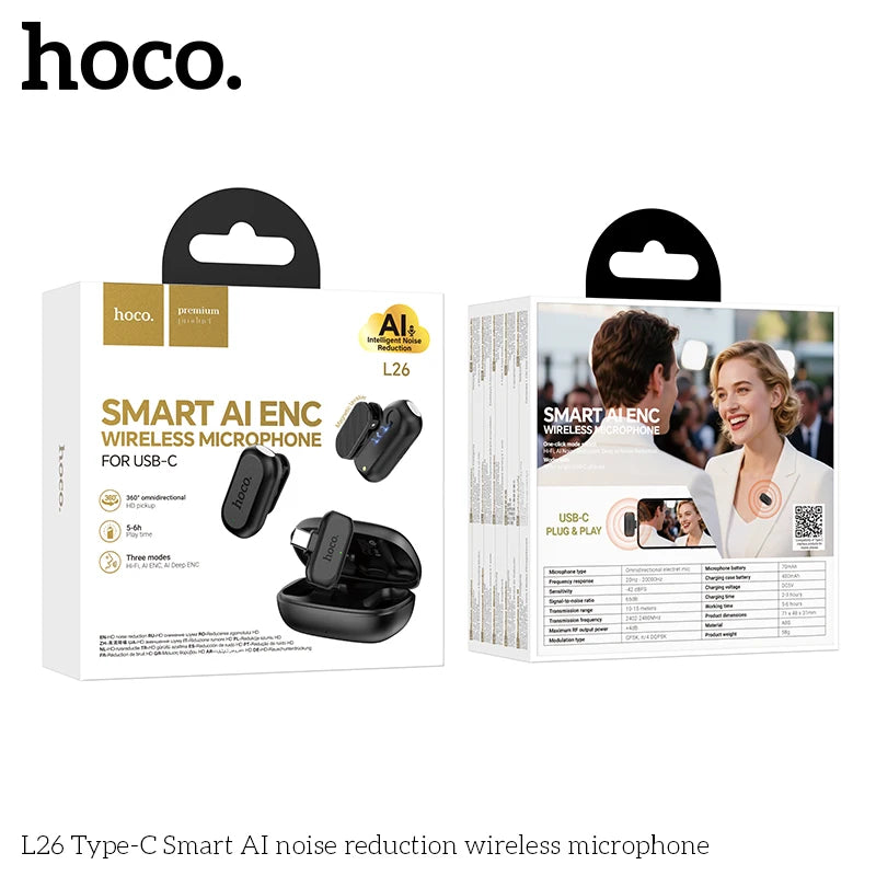 Hoco smart AI wireless microphone packaging on a white background