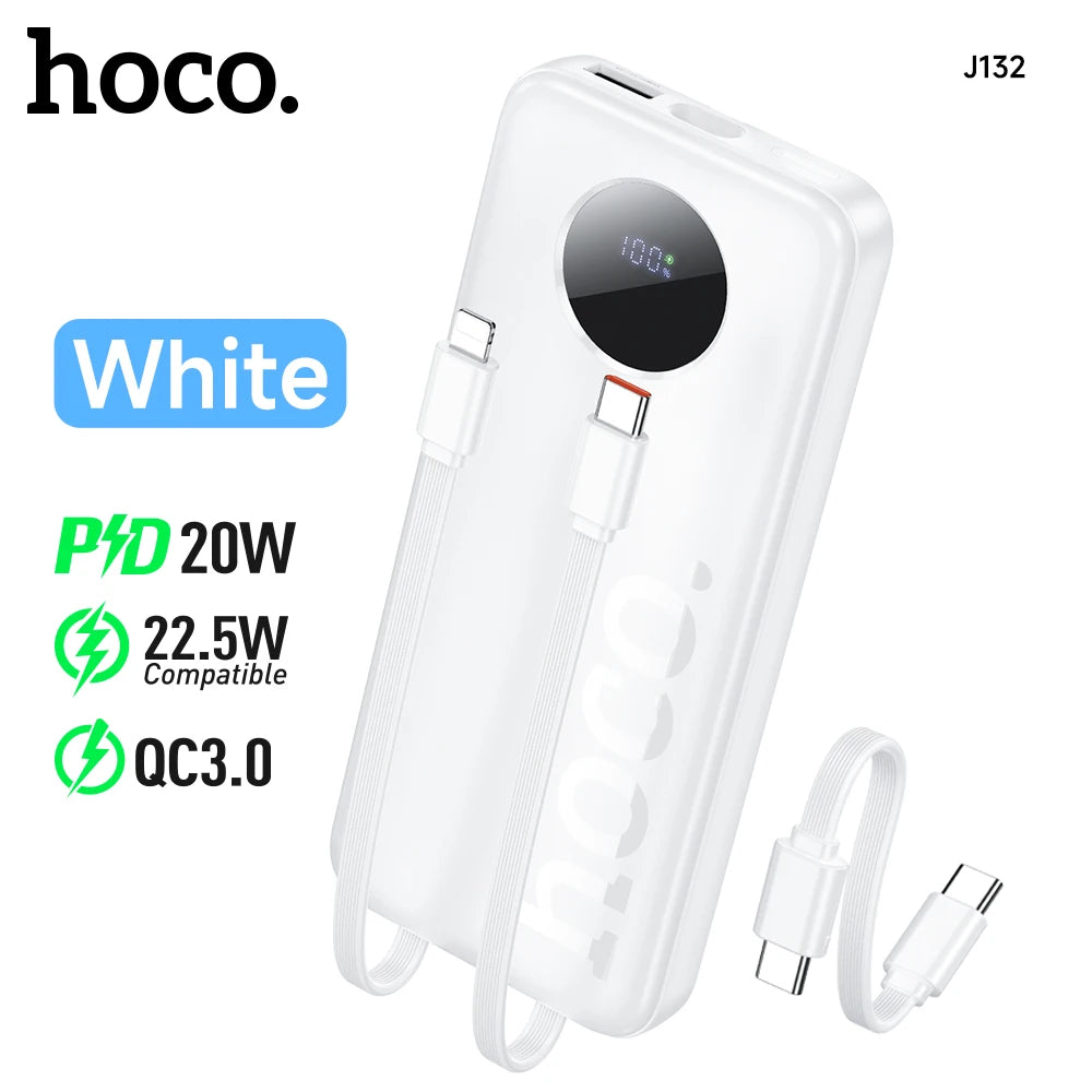 White power bank with charging cable on a white background, featuring hoco branding.