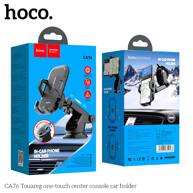 Hoco car phone holder packaging with blue background
