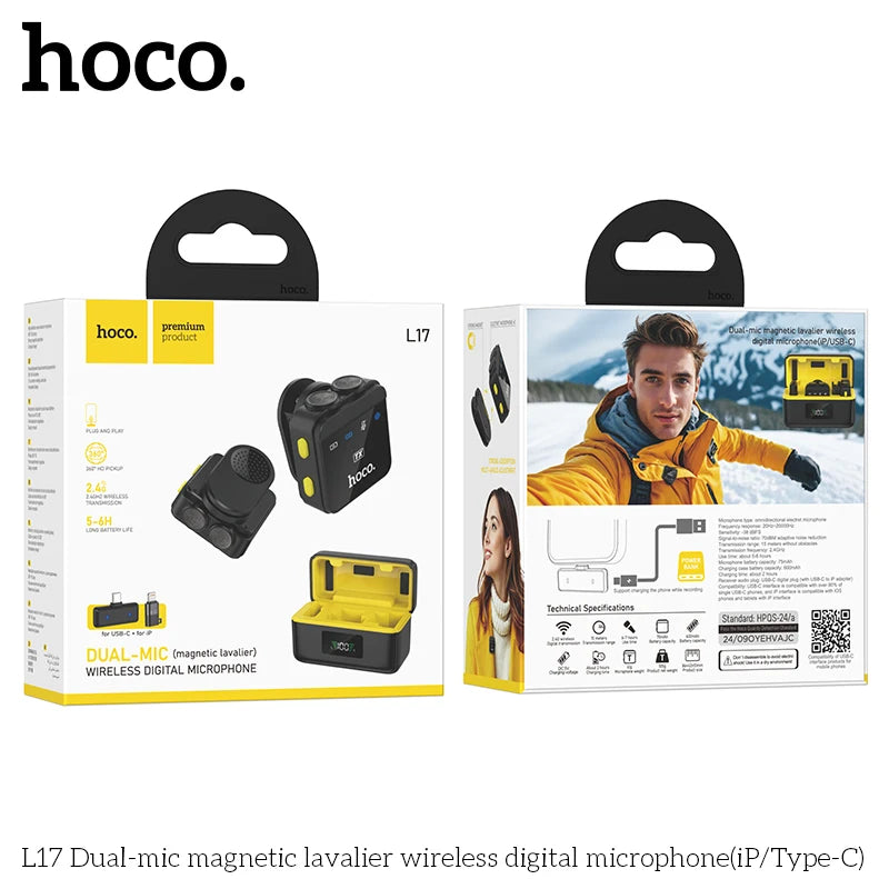 Hoco L17 dual-mic magnetic lavalier wireless digital microphone packaging on a white background