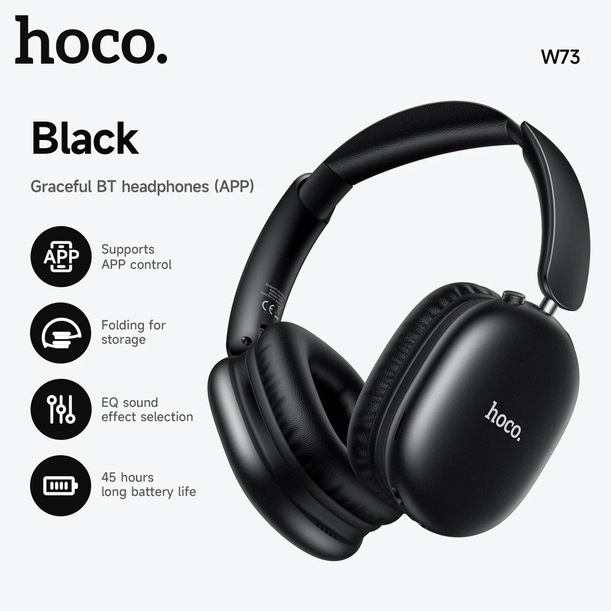 Black hoco. Bluetooth headphones with features listed on a white background