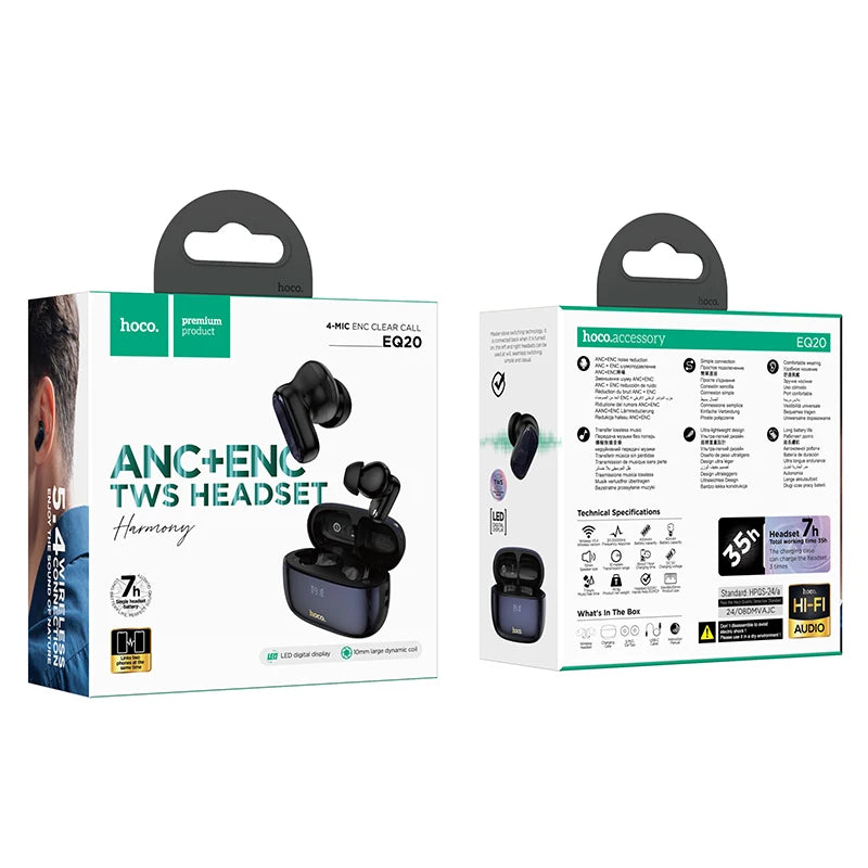 Hoco wireless earbuds packaging with front and back views on a white background