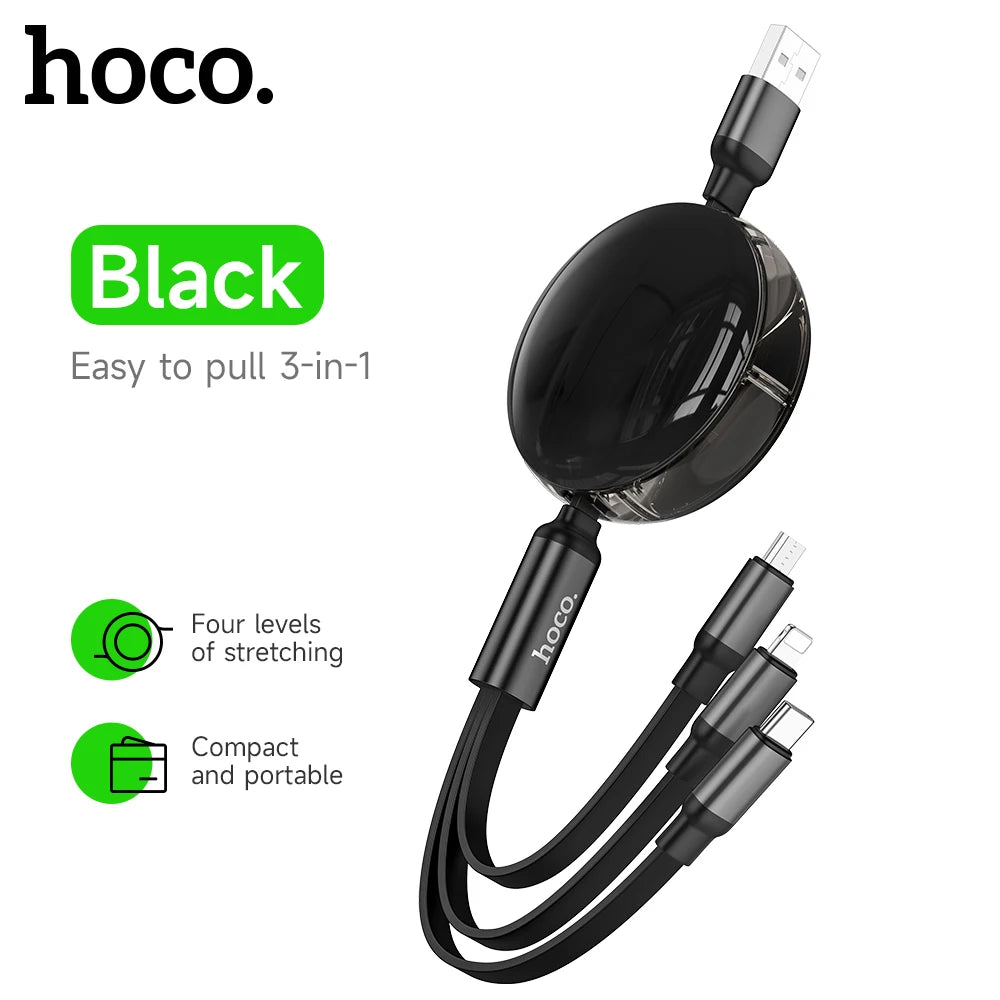 Black 3-in-1 retractable cable with hoco branding on a white background