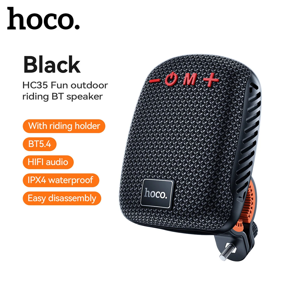 Hoco HC35 Fun outdoor riding BT speaker with features listed on a white background