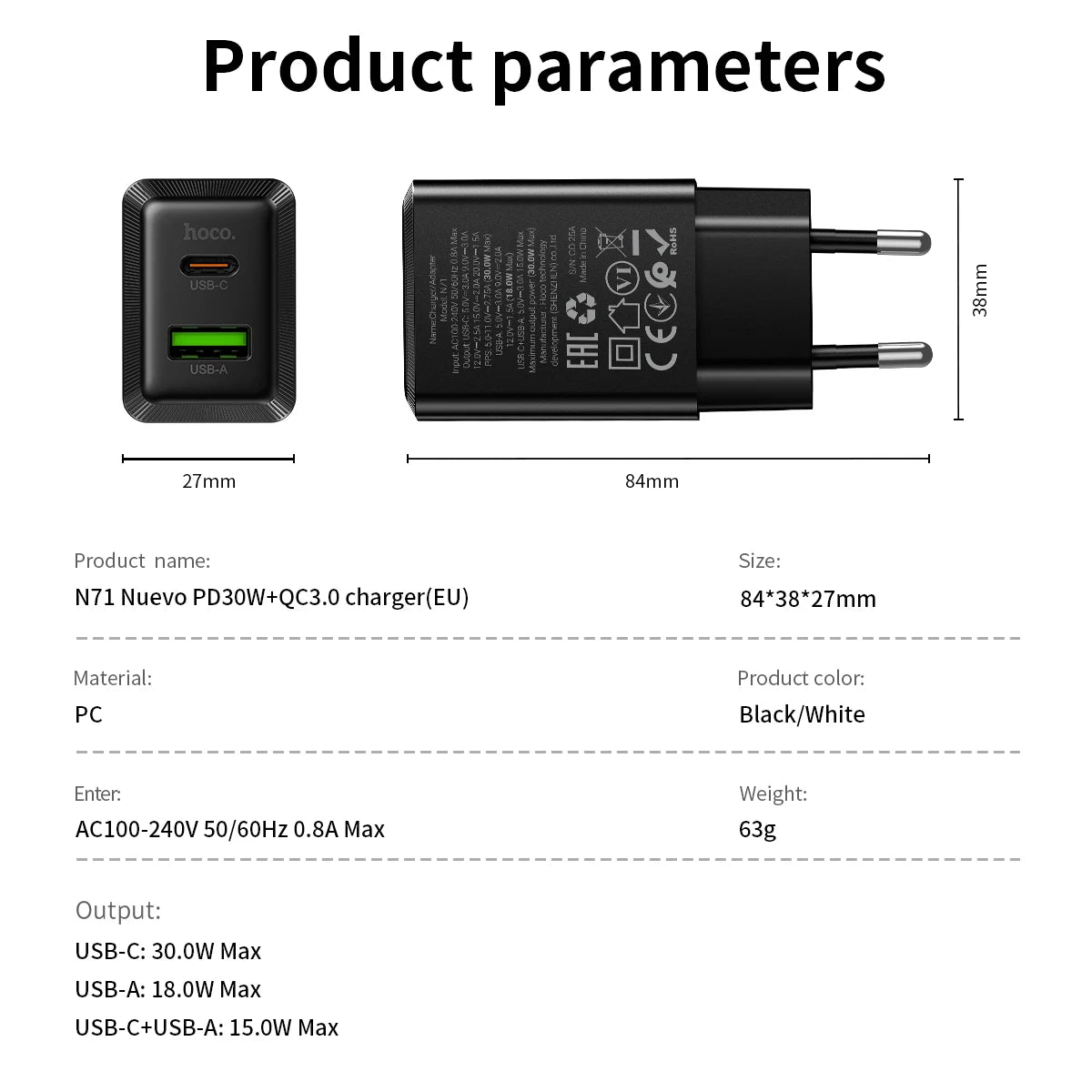 HOCO N71 30W GaN Dual Port Charger USB-C + USB-A