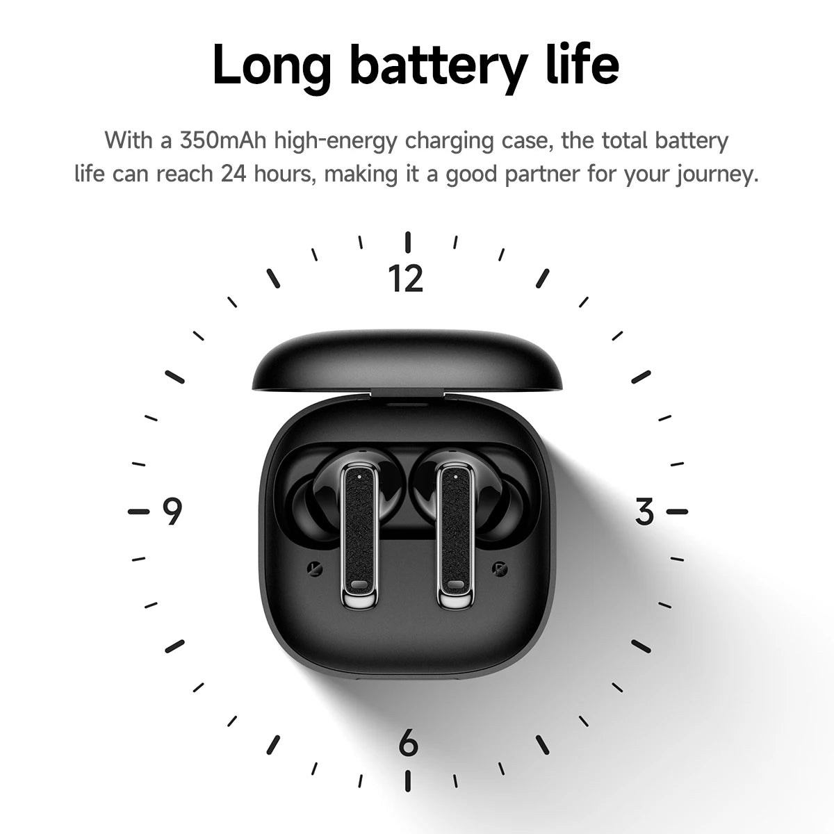 Black wireless earbuds in a charging case with text about long battery life on a white background.