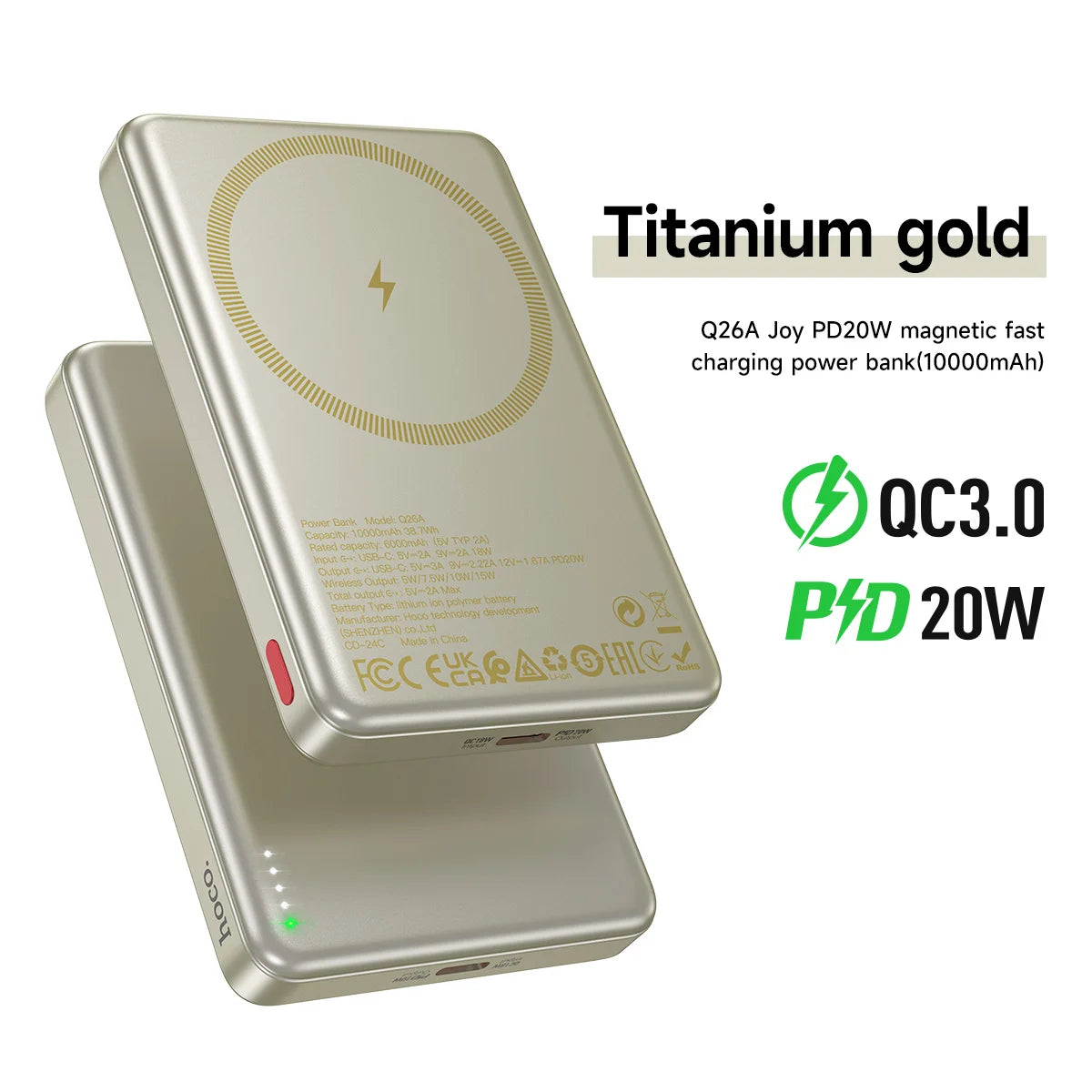 Titanium gold magnetic fast charging power bank with QC3.0 and PD20W features on a white background.