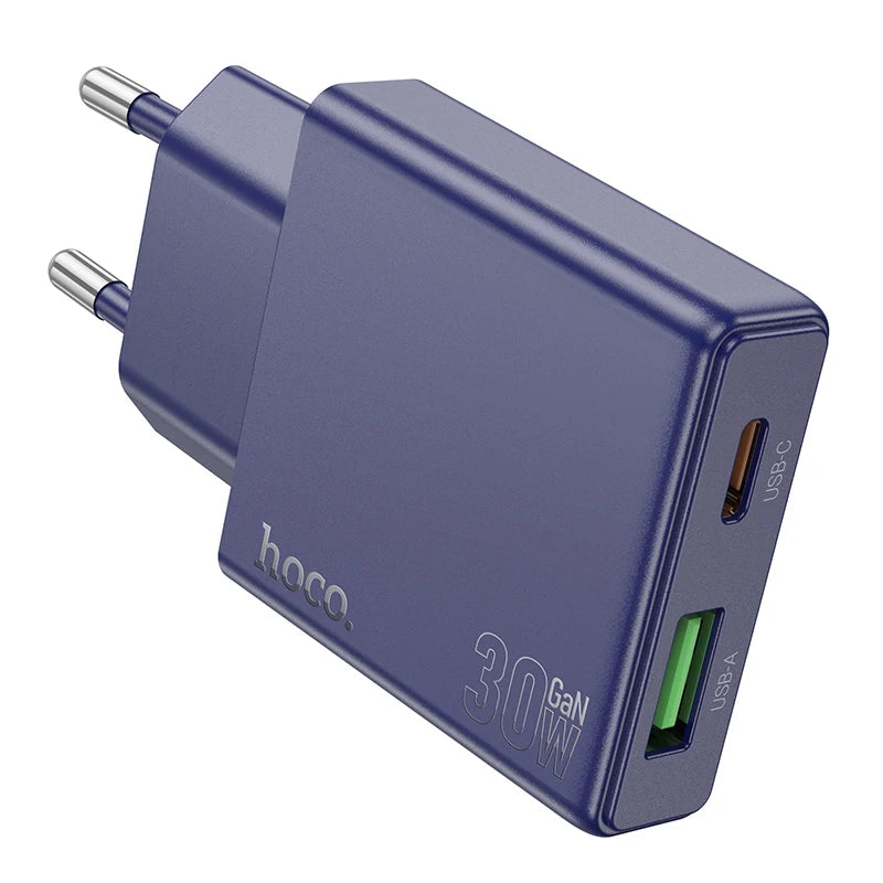 Blue charging adapter with USB-C and USB-A ports on a white background