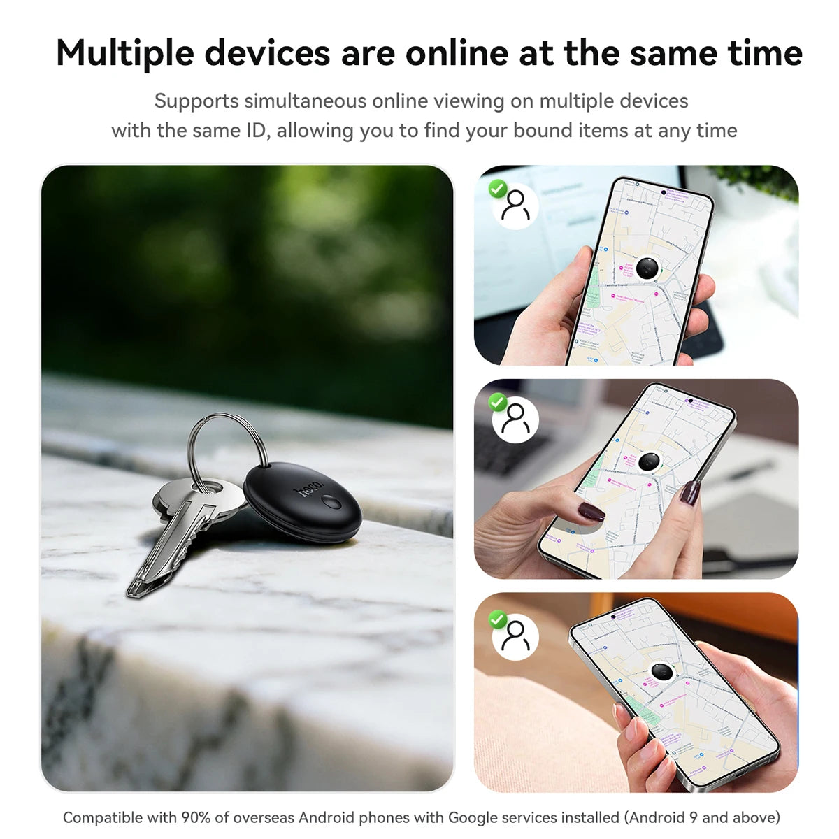 Keychain device with smartphone app interface, showing multiple devices online feature.