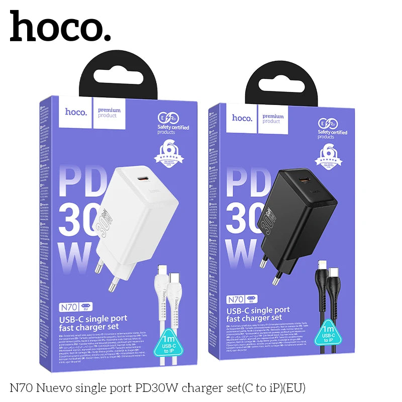 HOCO N70 30W GaN USB-C Charger with Built-In Cable