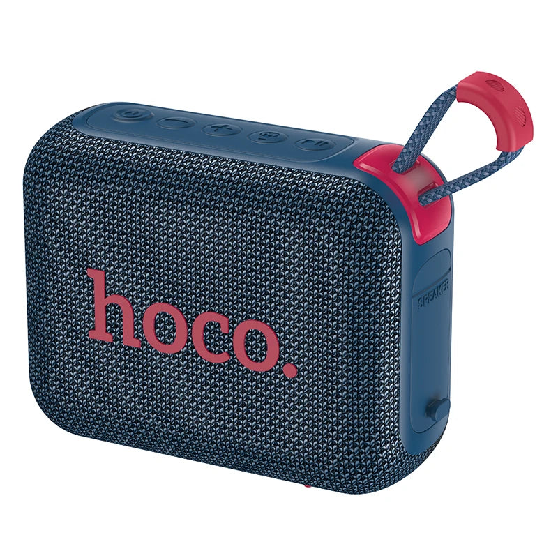 Blue portable speaker with red accents and 'hoco.' branding on a white background