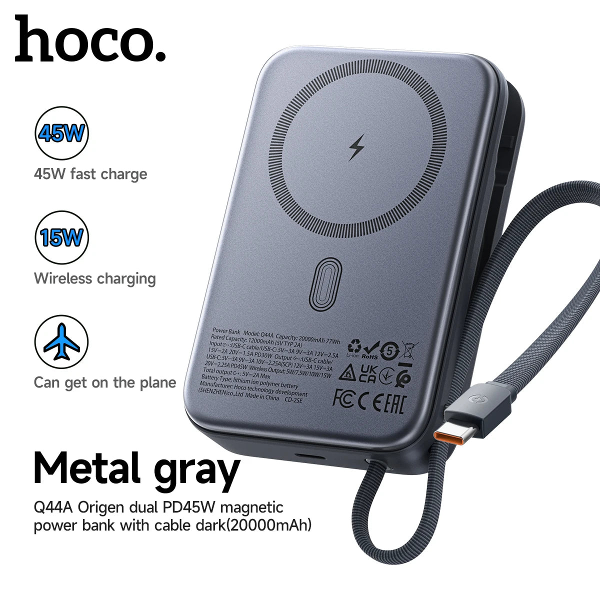 Metal gray power bank with charging features and hoco branding on a white background