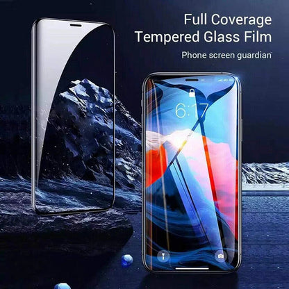 Full Coverage Tempered Glass Film for phone screen with a smartphone displaying a colorful screen.
