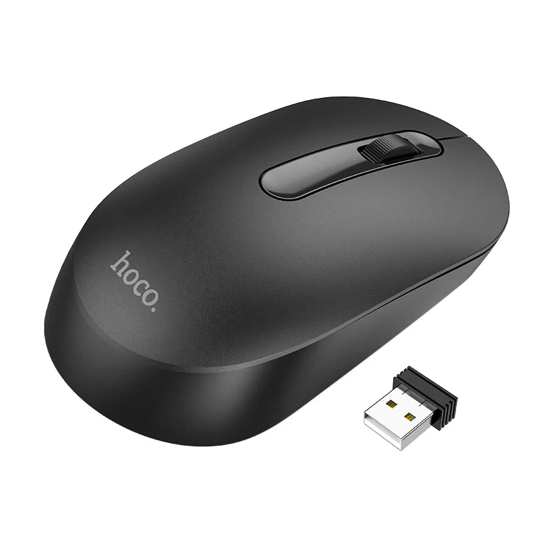 Black wireless mouse with USB receiver on a white background, featuring the brand 'hoco'.