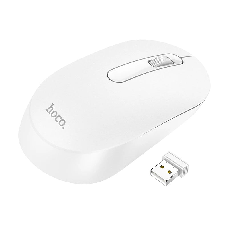 White wireless mouse with USB receiver on a white background, featuring the Hoco brand.