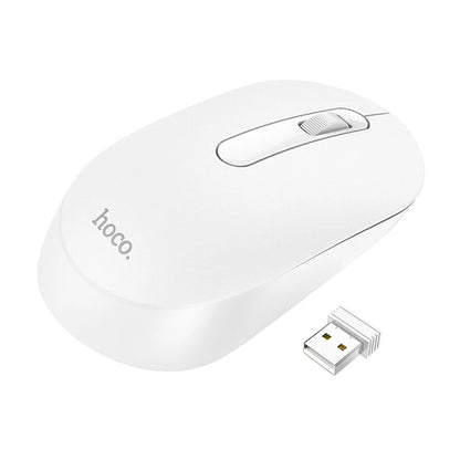 White wireless mouse with USB receiver on a white background, featuring the Hoco brand.