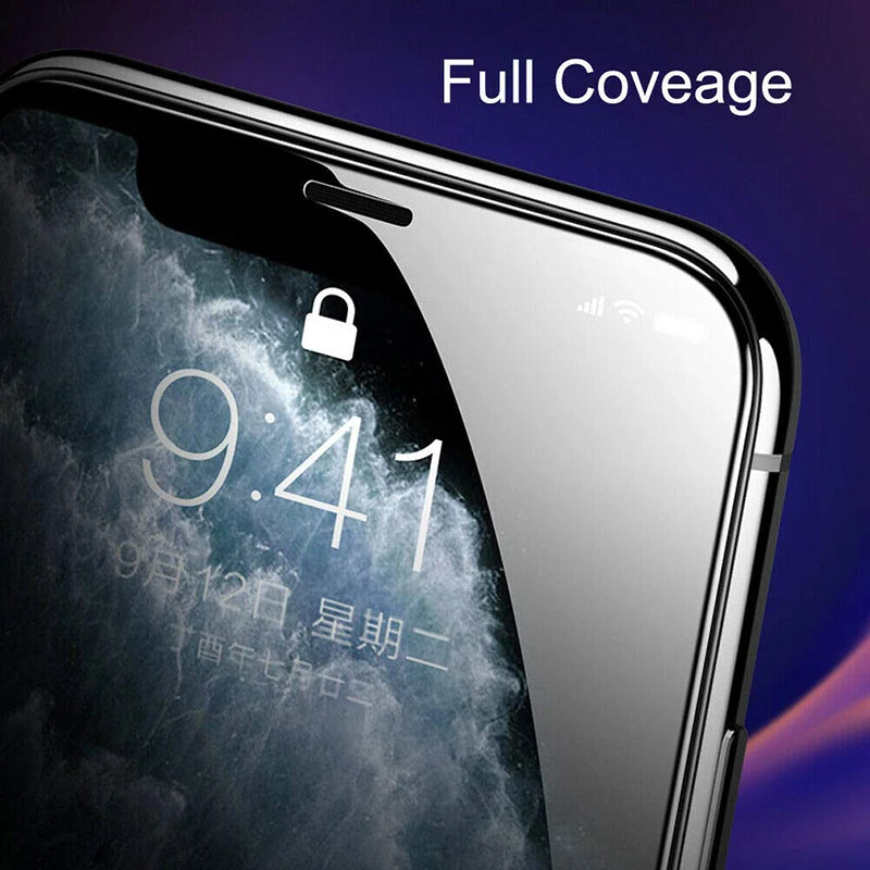 Smartphone with a screen protector labeled 'Full Coverage' on a dark background