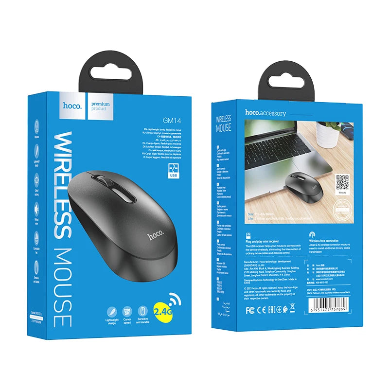 Hoco wireless mouse packaging with blue background