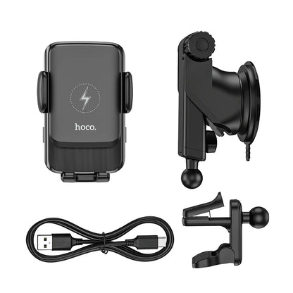 Set of car phone holder, USB cable, and additional mount on a white background