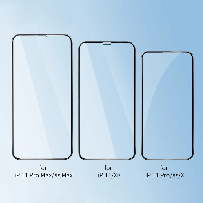 Three smartphone screen protectors for different models on a light blue background