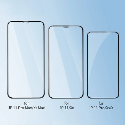 Three smartphone screen protectors for different models on a light blue background