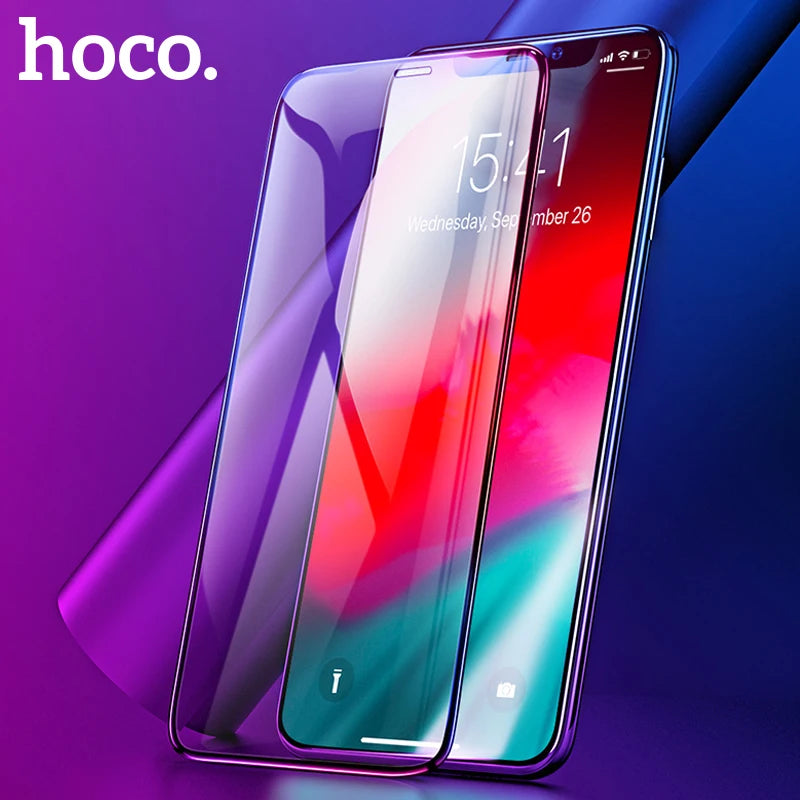 Smartphone with a transparent screen protector on a gradient purple and blue background, featuring the hoco. brand.