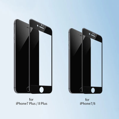 Two sets of phone screen protectors, one for iPhone 7 Plus/8 Plus and the other for iPhone 7/8, on a light blue background.