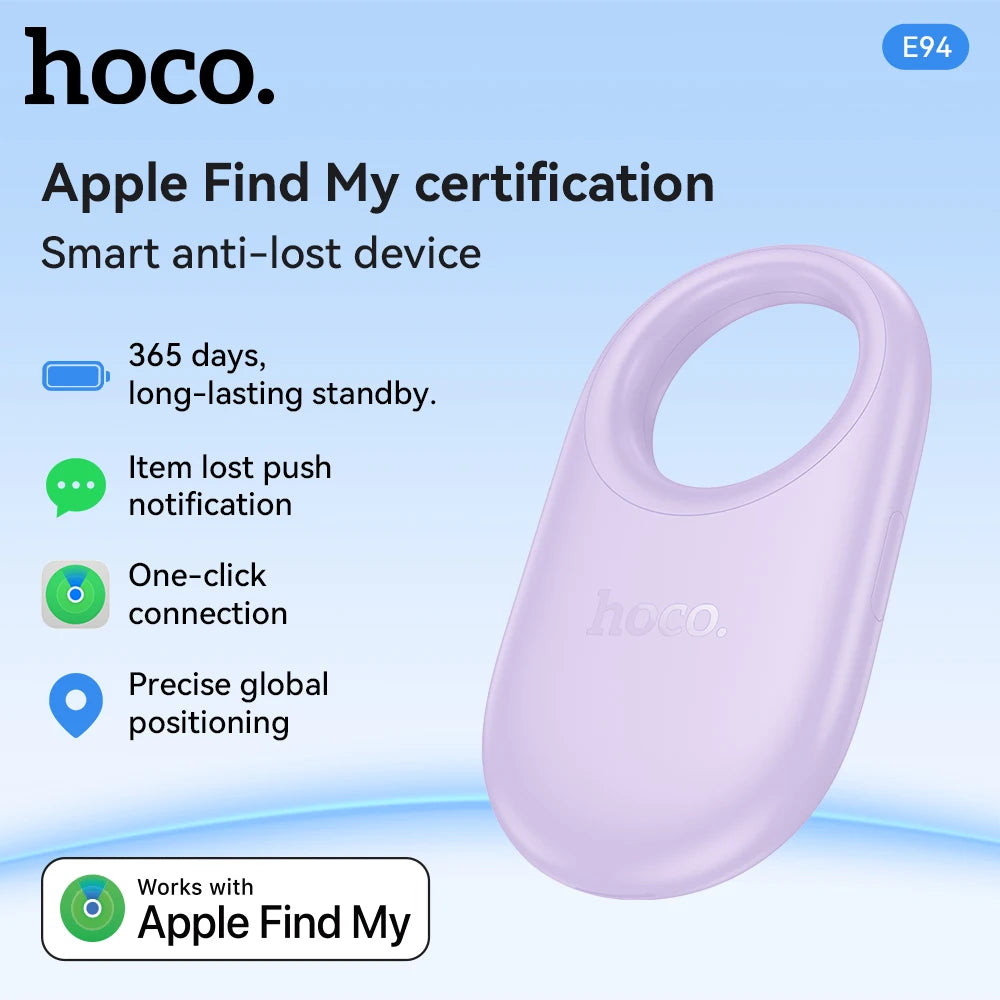 Smart anti-lost device with hoco branding and Apple Find My certification on a blue background