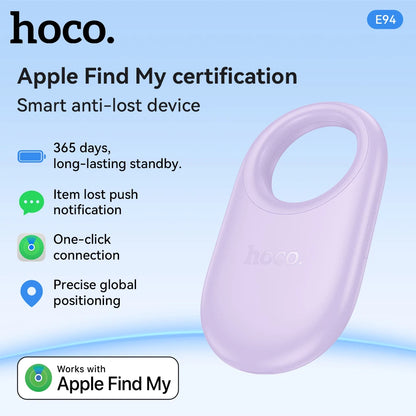 Smart anti-lost device with hoco branding and Apple Find My certification on a blue background