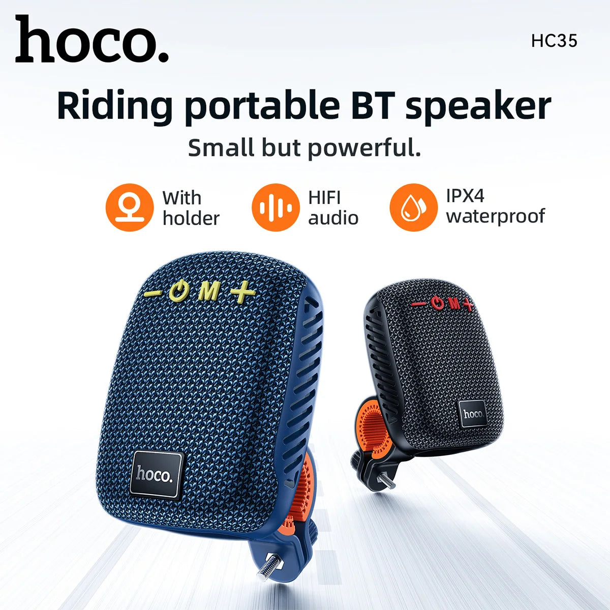 Hoco riding portable BT speaker with holder, HIFI audio, and IPX4 waterproof features on a white background.
