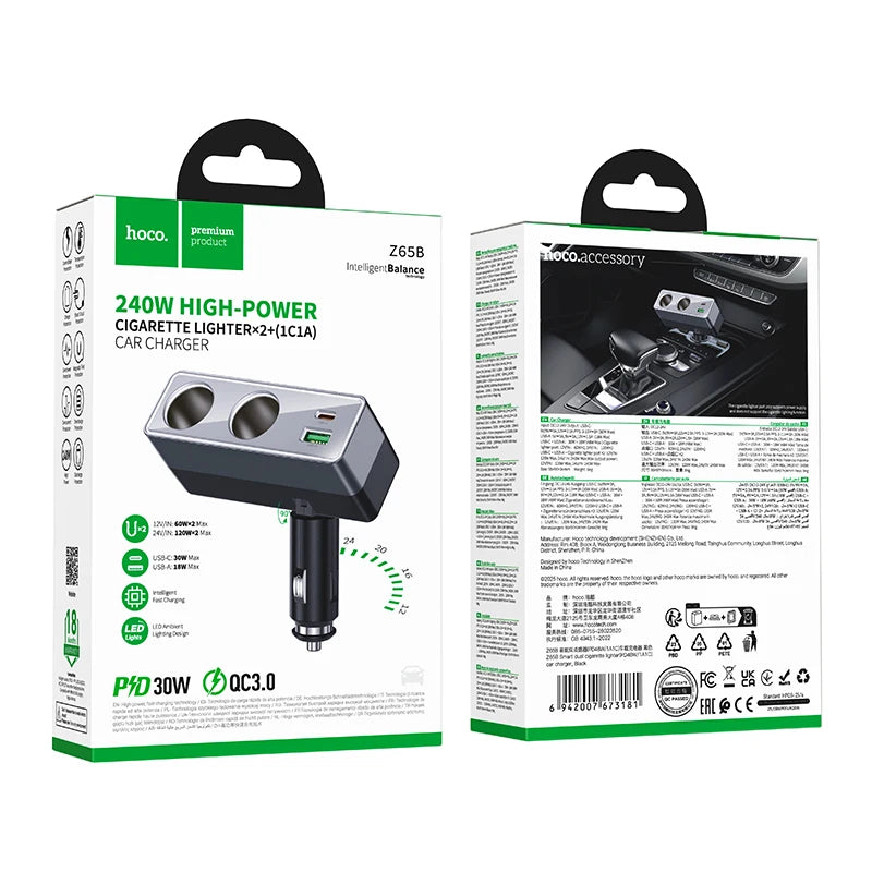 HOCO Z65A 165W Car Charger with PD45W and Cigarette Lighter Port