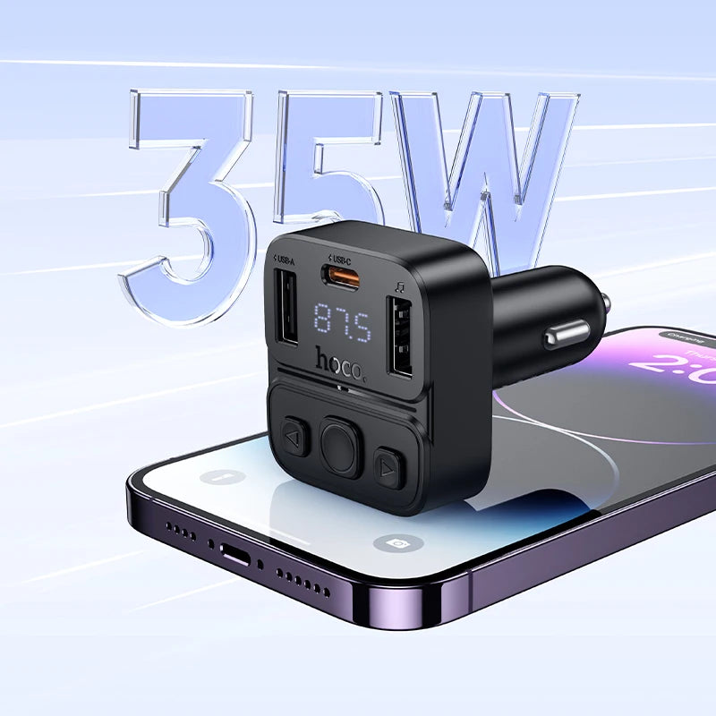 Car charger with digital display on a smartphone, showing 35W power output.