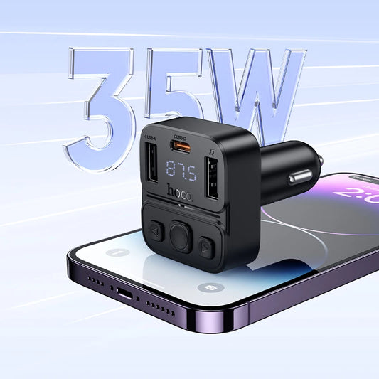 Car charger with digital display on a smartphone, showing 35W power output.