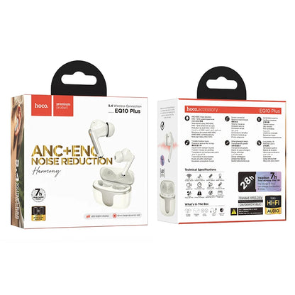 Hoco wireless earbuds packaging with noise reduction feature on a white background