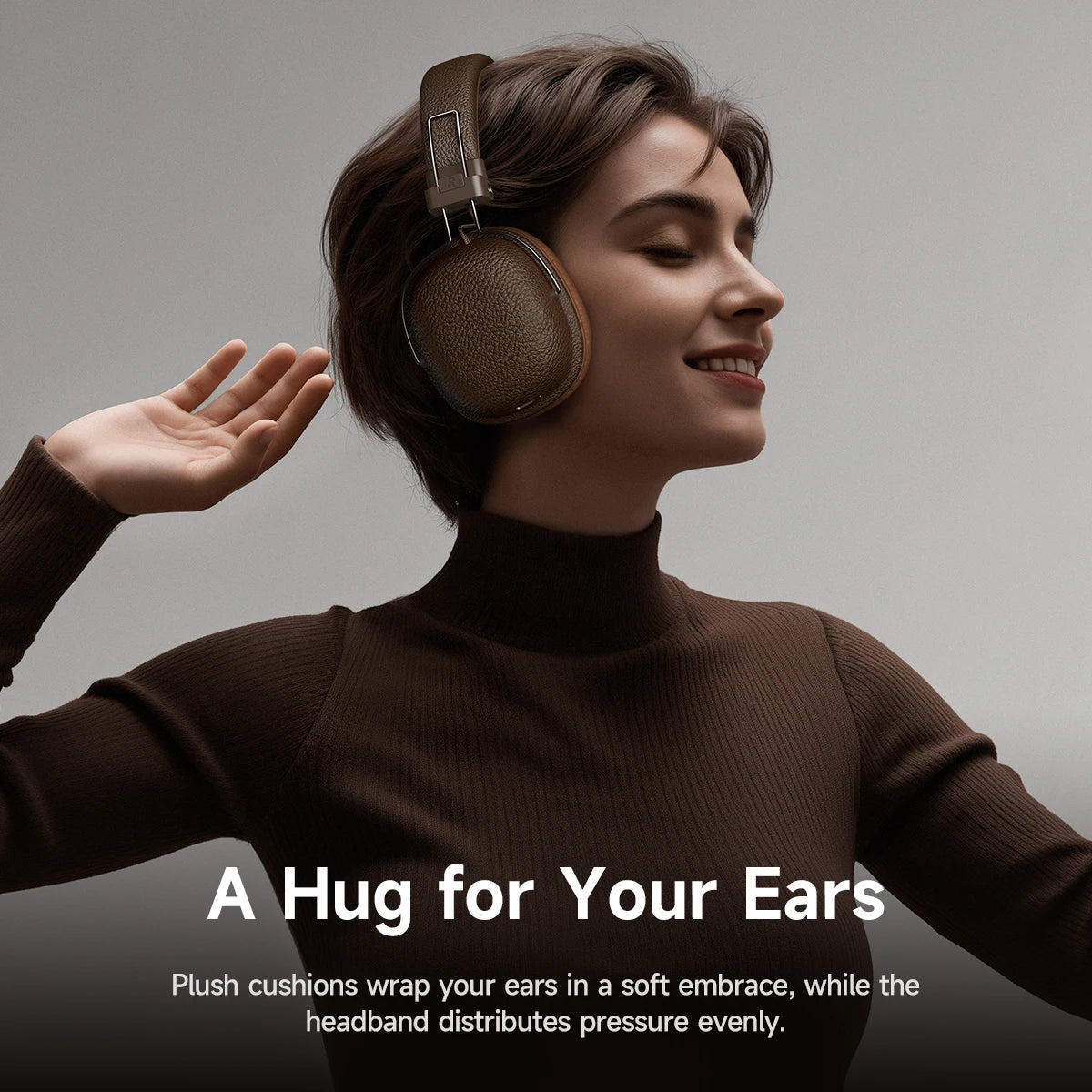 Woman wearing brown headphones with a text overlay on a gray background