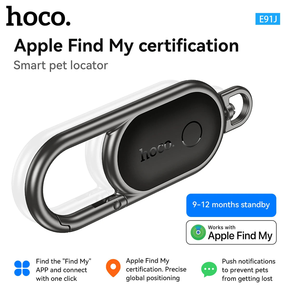 Smart pet locator with hoco branding and Apple Find My certification on a white background