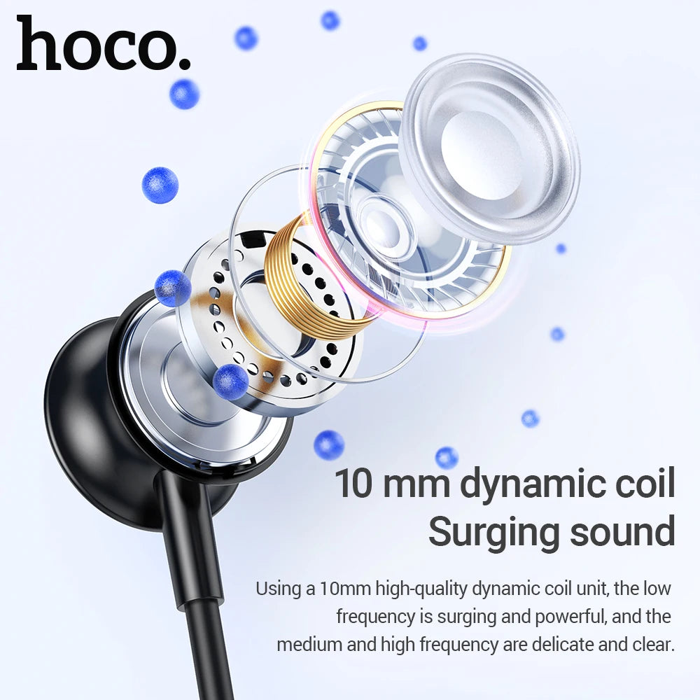 Hoco earphone with 10mm dynamic coil highlighting sound quality on a light background