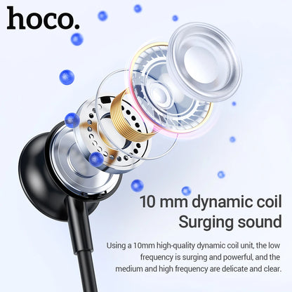 Hoco earphone with 10mm dynamic coil highlighting sound quality on a light background