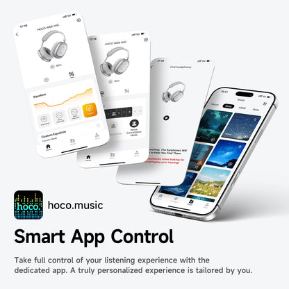 Smartphone displaying a music app with headphones and 'hoco.music' branding on a white background.