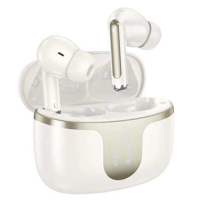Wireless earbuds with charging case on a white background