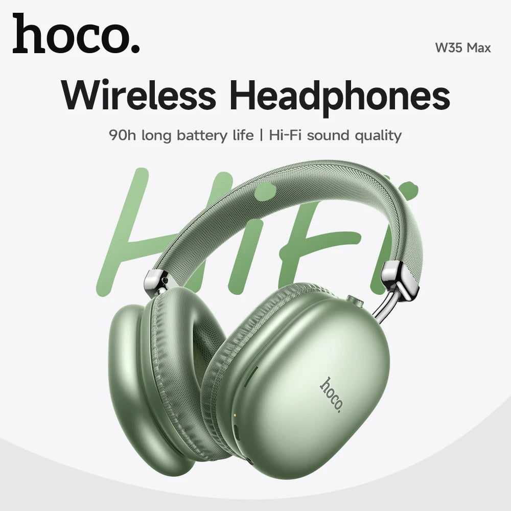 Green wireless headphones with 'hoco.' branding on a white background